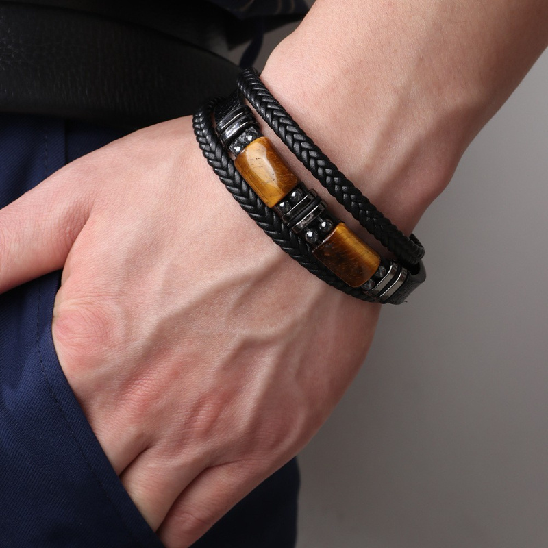 

Men's Natural Tiger Eye Protection Woven Wristband Bracelet, Gift For Him