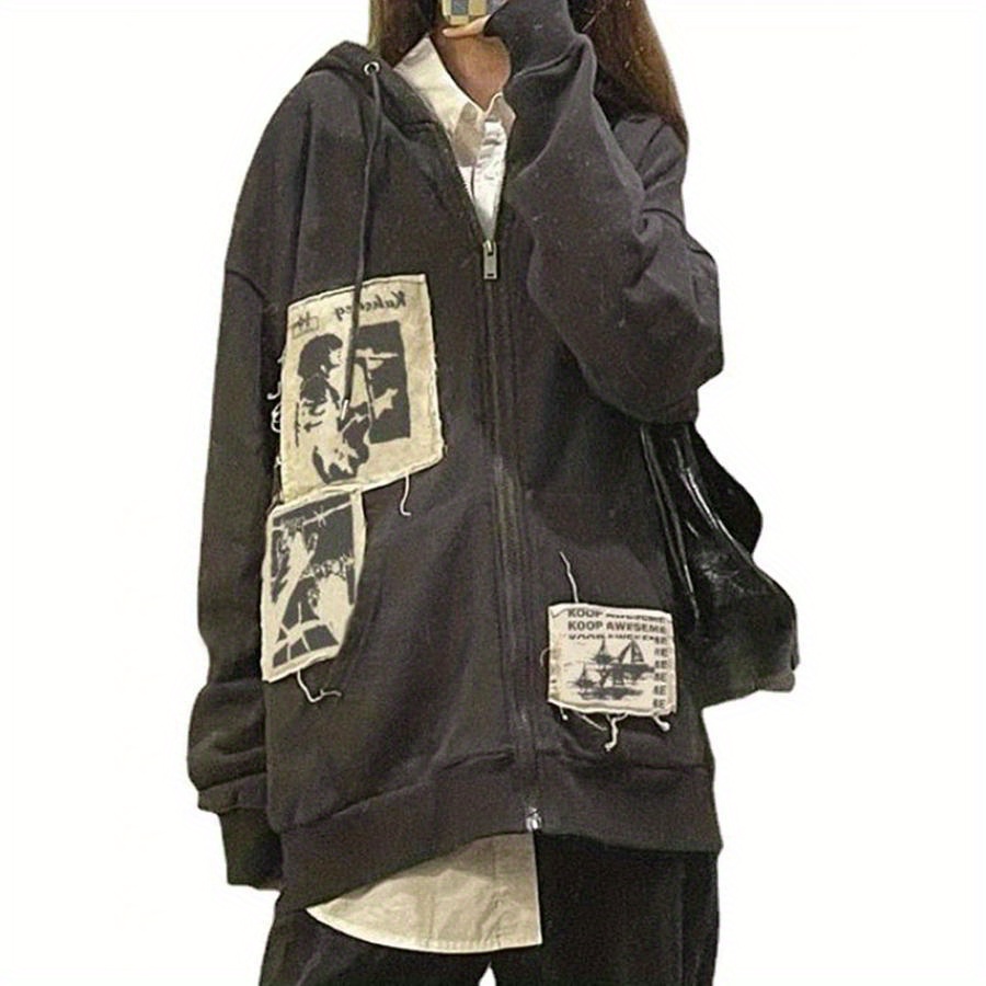 [Y2k Zip Up Chic Hoody] Women Y2k Gothic Hooded Sweatshirt Y2k Zip Up Sweatshirt Aesthetic Oversized Hoody Chic Letter Print Casual Style Loose Spring Clothing Halloween