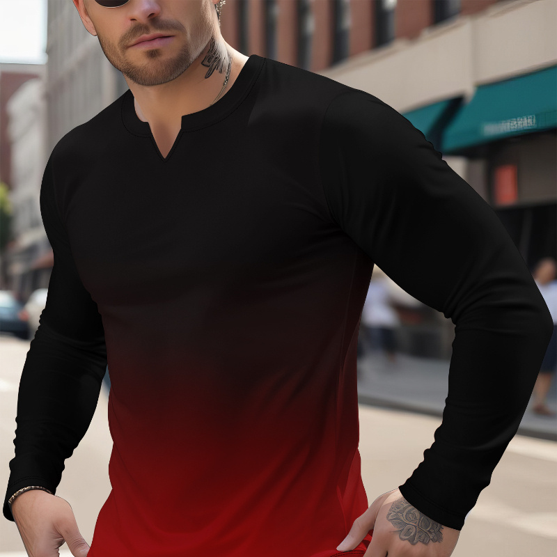 

Men's Casual Long Sleeve Henley Shirt With Geometric Pattern - V-neck, Knit Fabric, Polyester Blend, Regular Fit, Suitable For All Seasons