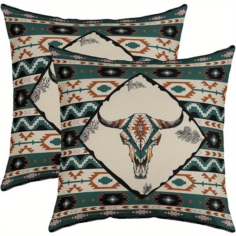 

2pcs Southwestern Aztec Polyester Throw Pillow Covers, 18x18 Inch, Rectangular, Rustic Western Hunting Animal Design, Weave Knit, Decorative Cushion Cases For Bed And Sofa