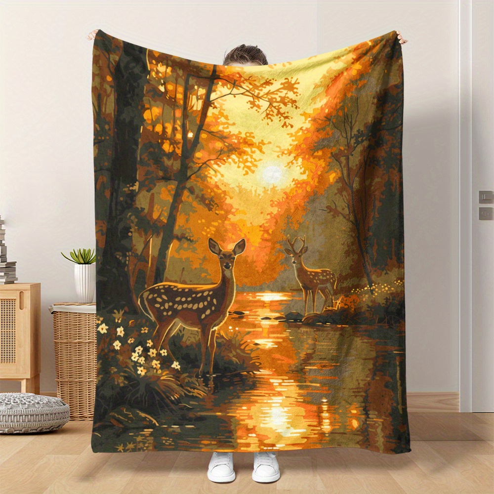 

Flannel Fleece Throw Blanket With Vintage Deer Sunset Scene, Soft Polyester Knit, , Contemporary Art Design, Ideal For Camping, Travel & Home Decor