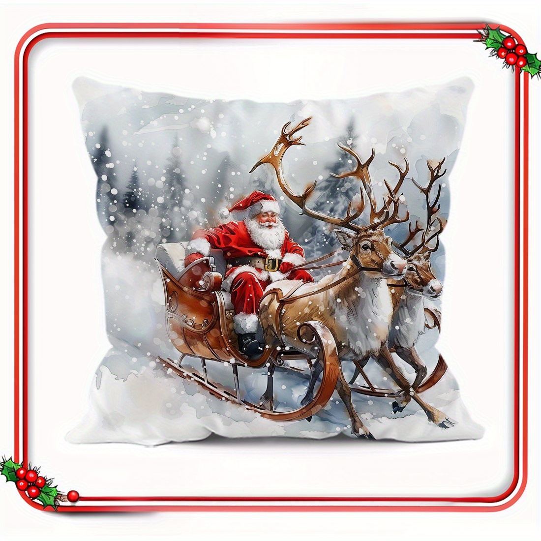 

Christmas Santa Claus And Reindeer Single-sided Throw Pillow Cover 45cm, Contemporary Polyester Decorative Pillowcase For Sofa And Living Room Decor, Machine Washable With Hidden Zipper Closure