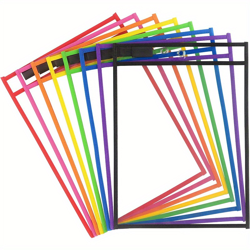 

8 Pack Pvc Dry Erase Pockets Sleeves With Rings - Reusable Sheet Protectors For Classroom Organization, Erasable Ticket Holders, Assorted Colors (10 X 14 Inch)