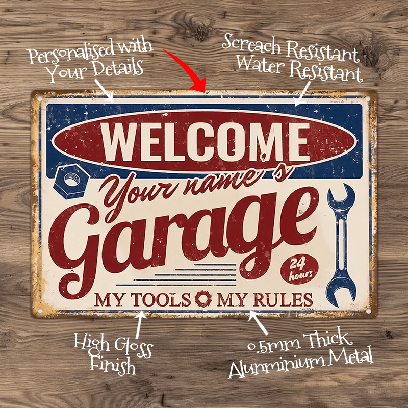 

Customizable Garage Metal Sign - Vintage Style Personalized Name Wall Art, Aluminum, Scratch & Water Resistant, High Gloss, 8x12 Inch, For Man Cave, Workshop Decor, 1pc