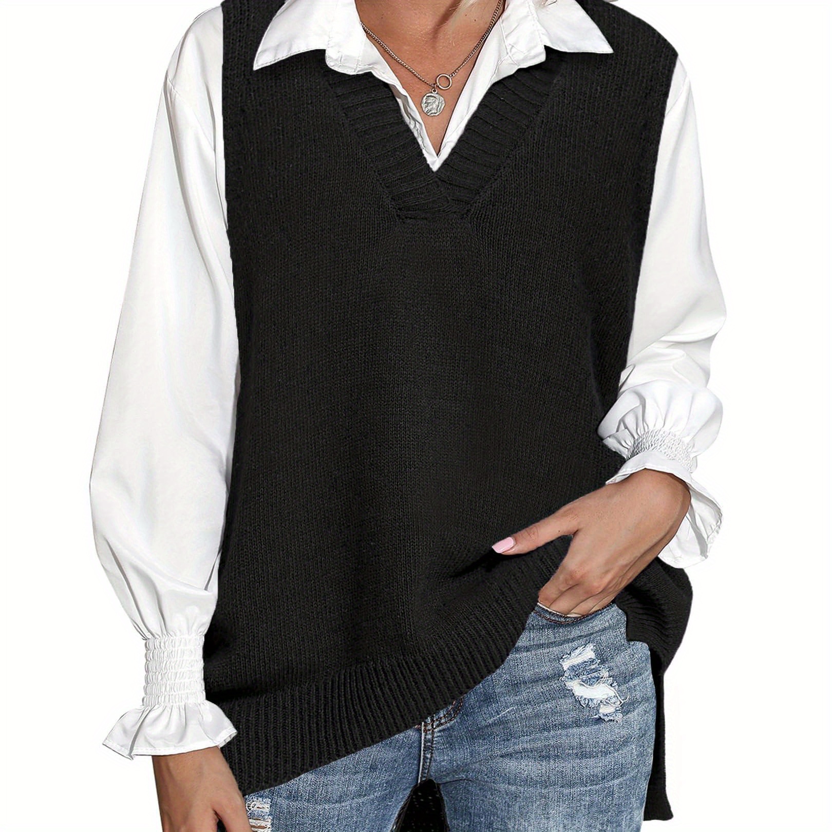 

Women's Sweater Vests Sleeveless V Neck Knit Side Split Sweaters Pullover Top