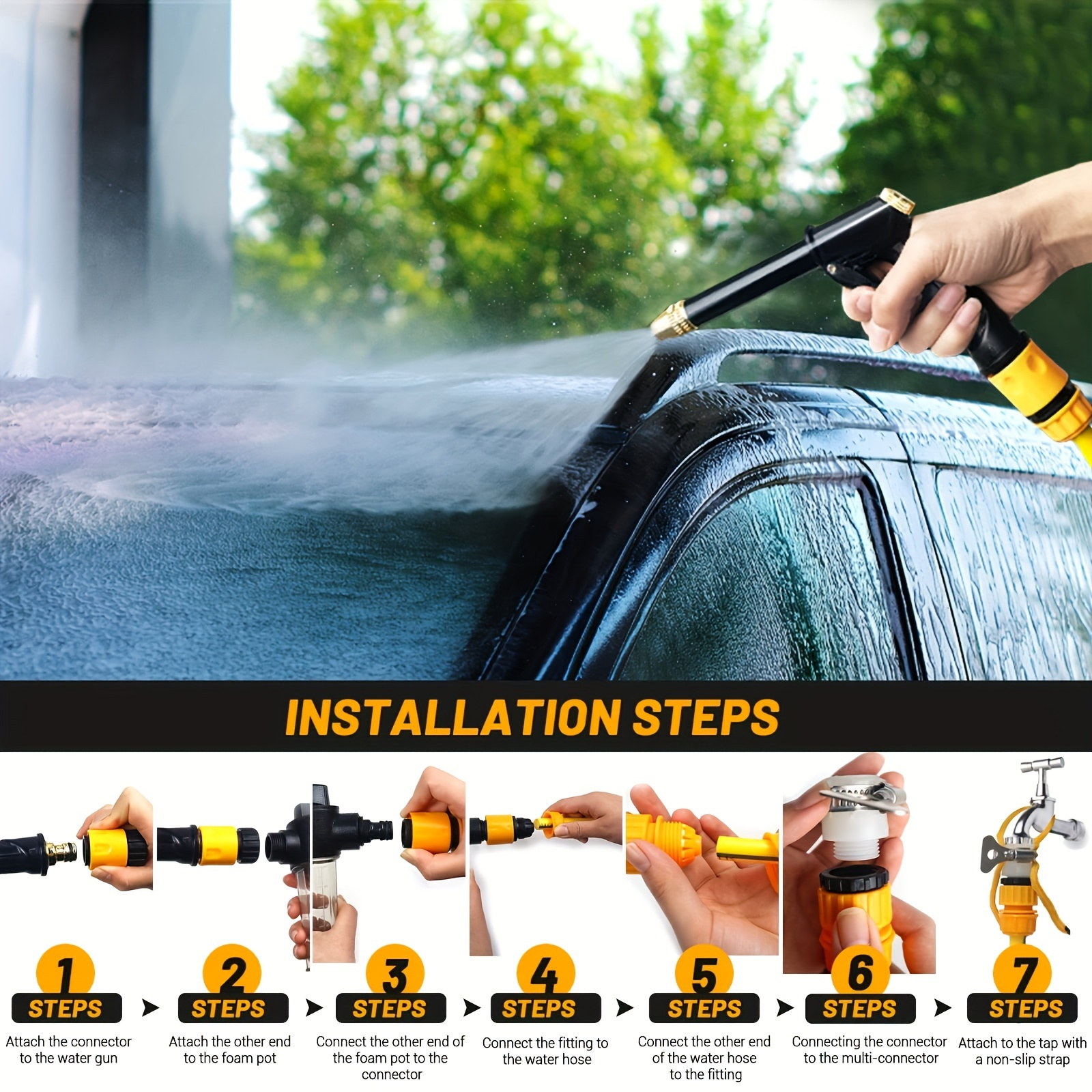 high pressure washer gun with foam cannon and adjustable 360 nozzle ergonomic leak proof design silicone material   196 85inch hose 3 adapters 2   for car wash garden watering pet bathing no electricity required details 9