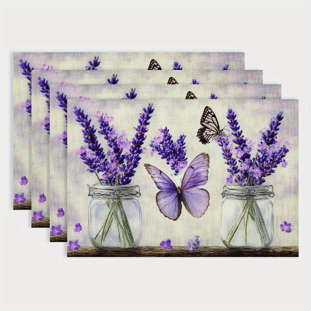 

4pcs, Dining Table Placemats (linen), Lavender Pattern, Heat Resistant Non-slip Table Mats, Indoor Outdoor Table Placemat For Holiday Banquet Kitchen Table Decor