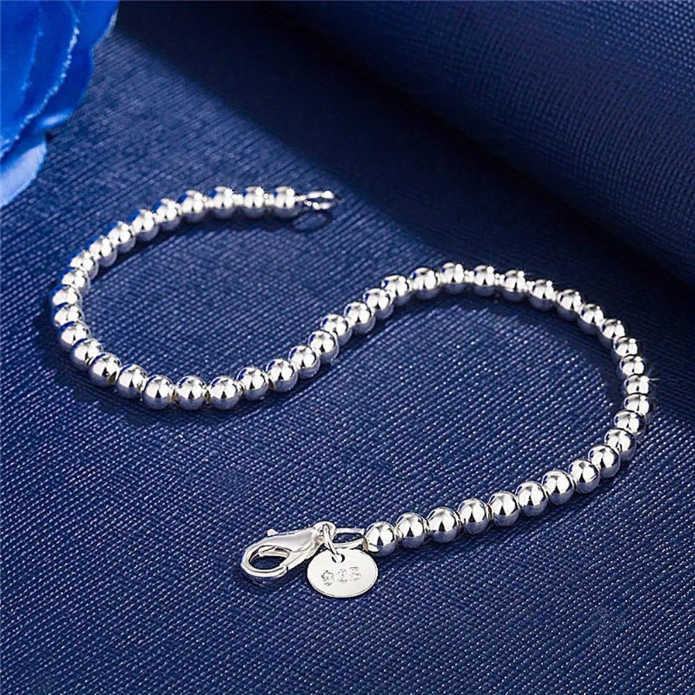 TEMU Elegant 925 Sterling Silvery Bracelet With Charm - 4mm Beaded Chain, Casual Attire &