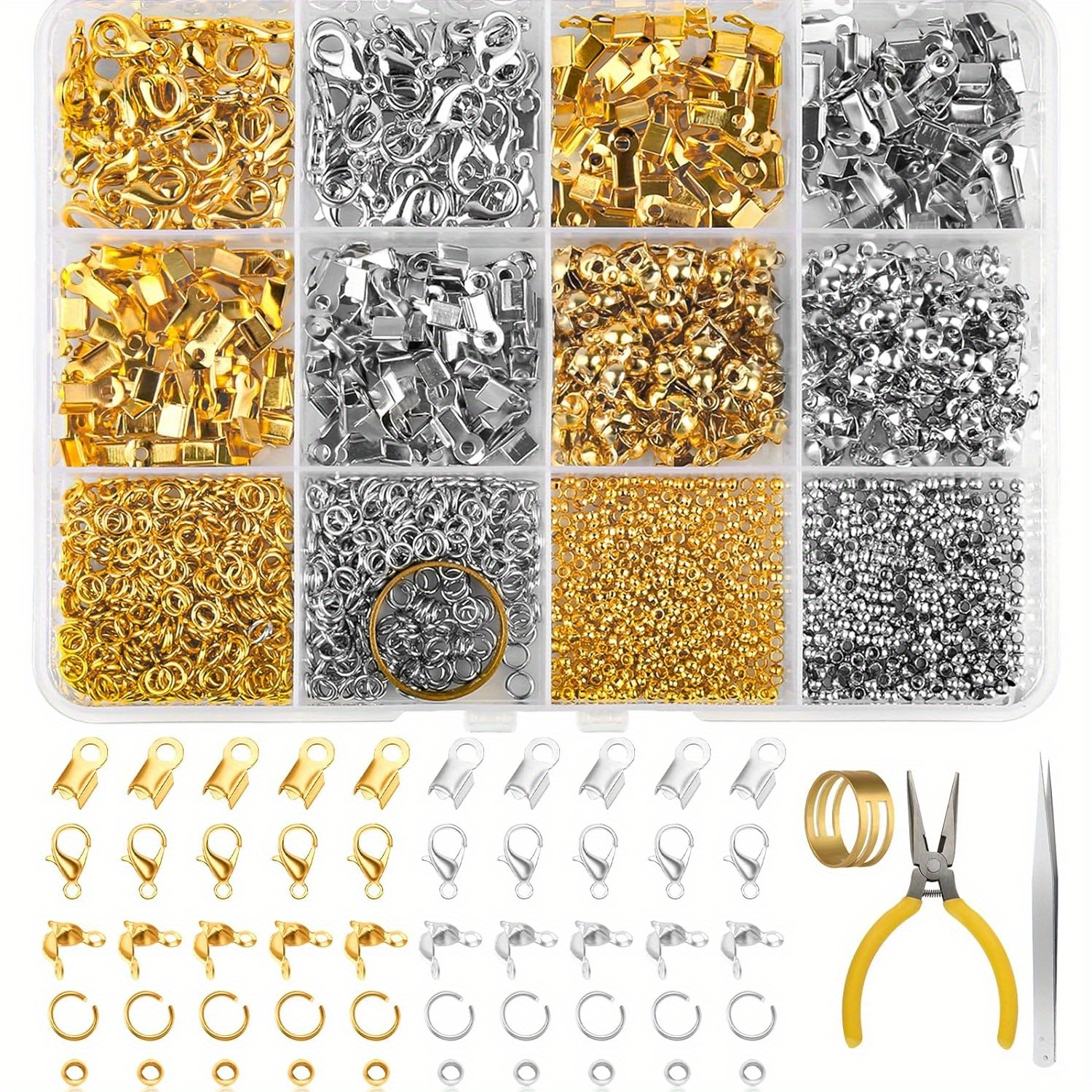 

1273 Pcs Jewelry Making Accessories Set, Chain Clasp Set, Including Lobster Clasp, Clip, Wrap Clasp, Connector, Fixing Bead, Tweezers, Finger Ring, Pliers