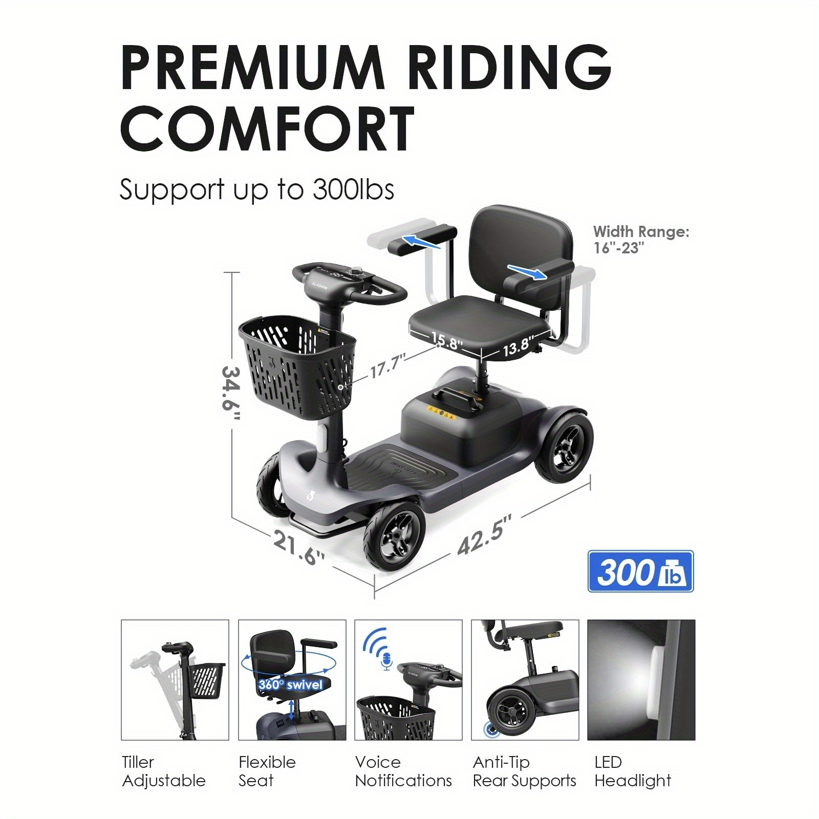 

Mobility Scooter S1, Powered Mobility Scooter - 20 Miles Range, 6 Mph, Features, Larger Legroom, Rotating Swivel Seat, Grey