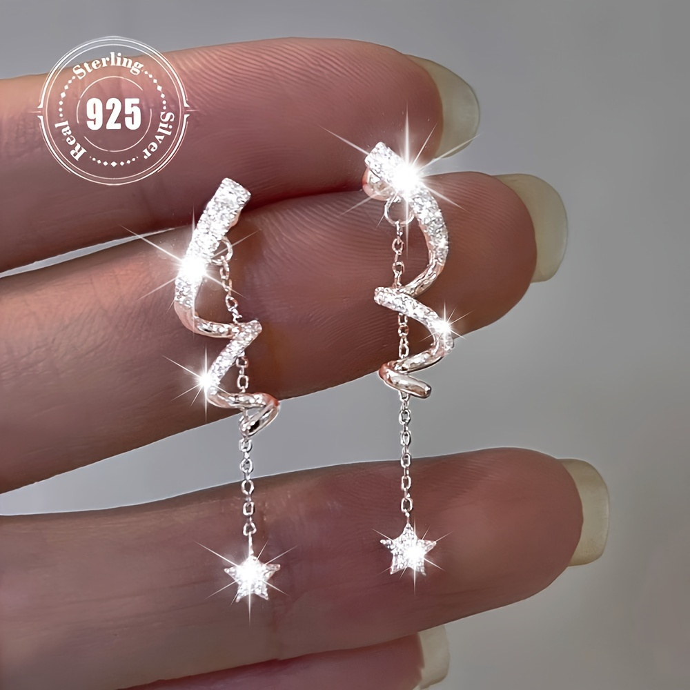 unique 925 sterling silvery star shaped tassel pendant earrings with sparkling zirconia   daily and party wear hypoallergenic innovative earrings     Product details 0