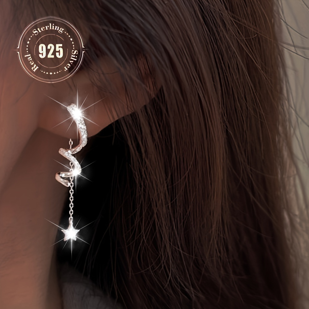 unique 925 sterling silvery star shaped tassel pendant earrings with sparkling zirconia   daily and party wear hypoallergenic innovative earrings     Product details 2