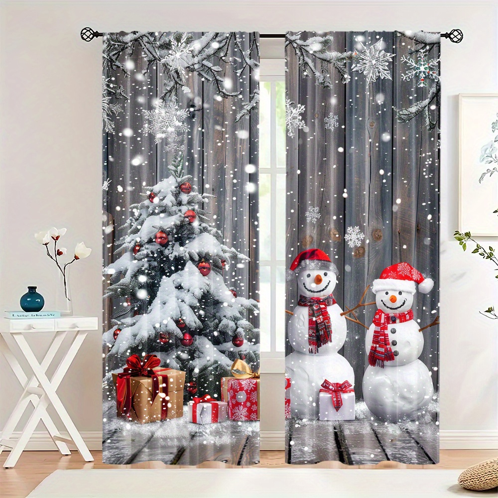 

2pcs Set Of Snowman & Christmas Scene Curtains - Rod , On Polyester Fabric For Living Room, Kitchen, Bedroom, And Dining Decor (rod Not Included)