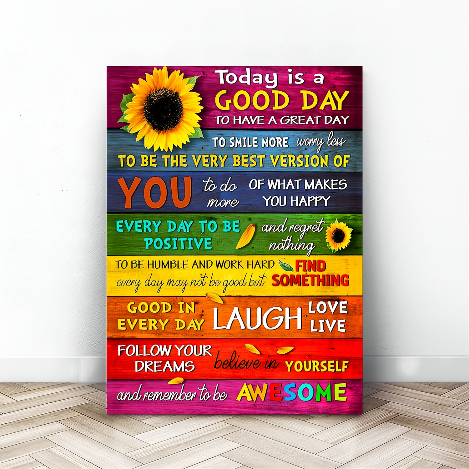 TEMU 2d Flat, 2d Flat, 2d Flat A Single Piece Of 2d Framed Canvas Artwork Featuring A Vibrant Design With Positive Affirmations And Sunflowers. This
