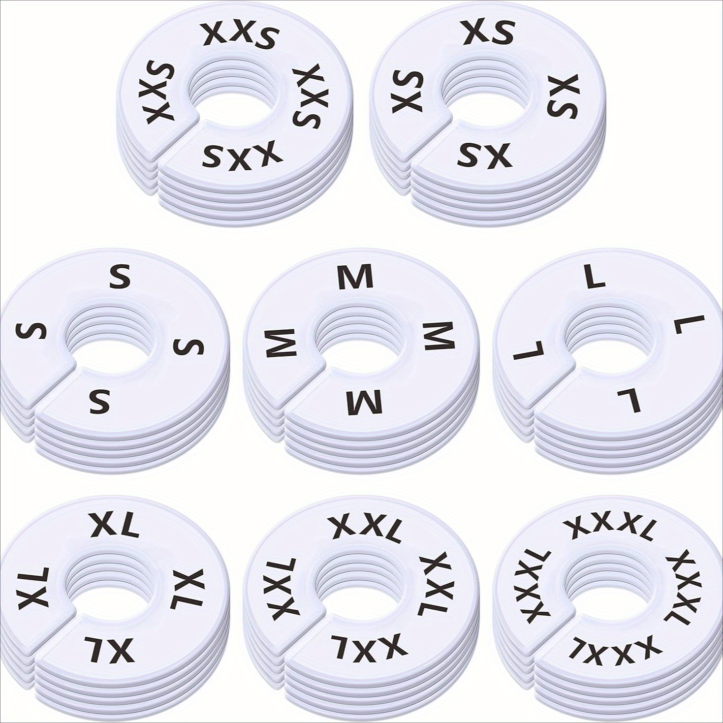 

40pcs White Plastic Closet Rack Dividers With Size Labels - , Preprinted In 8 Sizes (xxs To Xxxl) For Organization, 3.5" Outer Diameter, Ideal For Home & Retail Use, Closet Dividers