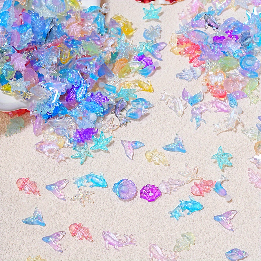 Image of 50pcs Oceanbreeze 3d Resin Nail Art Charms Set, Transparent Jellyfish, Seashells, Starfish - , For Diy Nail And Hair Decorations
