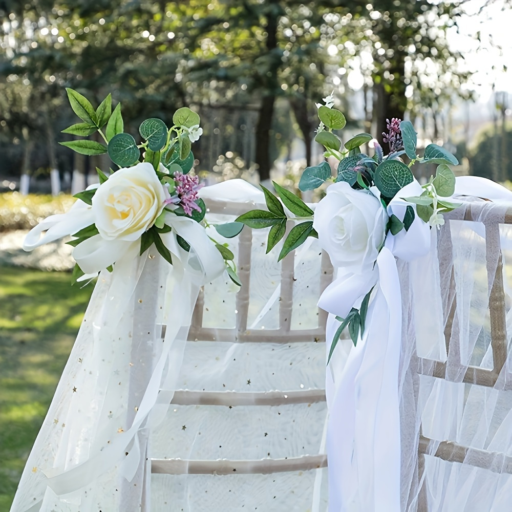 

12/ 6pcs Wedding Aisle Chair Decorations - Beautiful Rose Floral Back Flowers With Delicate Leaves And Ribbons - Elegant Bench Pew Decor For Ceremony, Wedding Reception, And Special Occasions