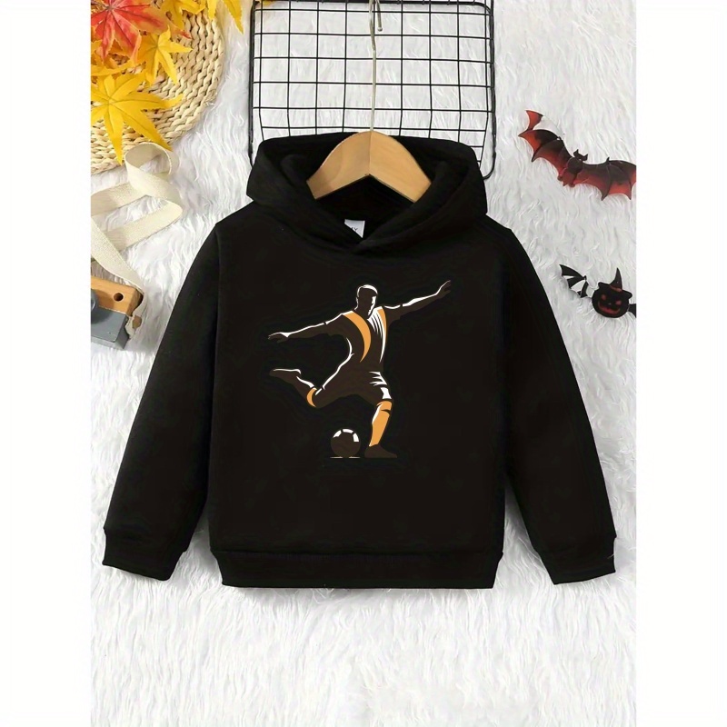 

Youth Soccer Graphic Hoodie - Polyester Knit Fabric, 100% Polyester, Casual Hooded Pullover With Slight Stretch, Long Sleeve, Fall/winter Sportswear For Boys 12 And Under