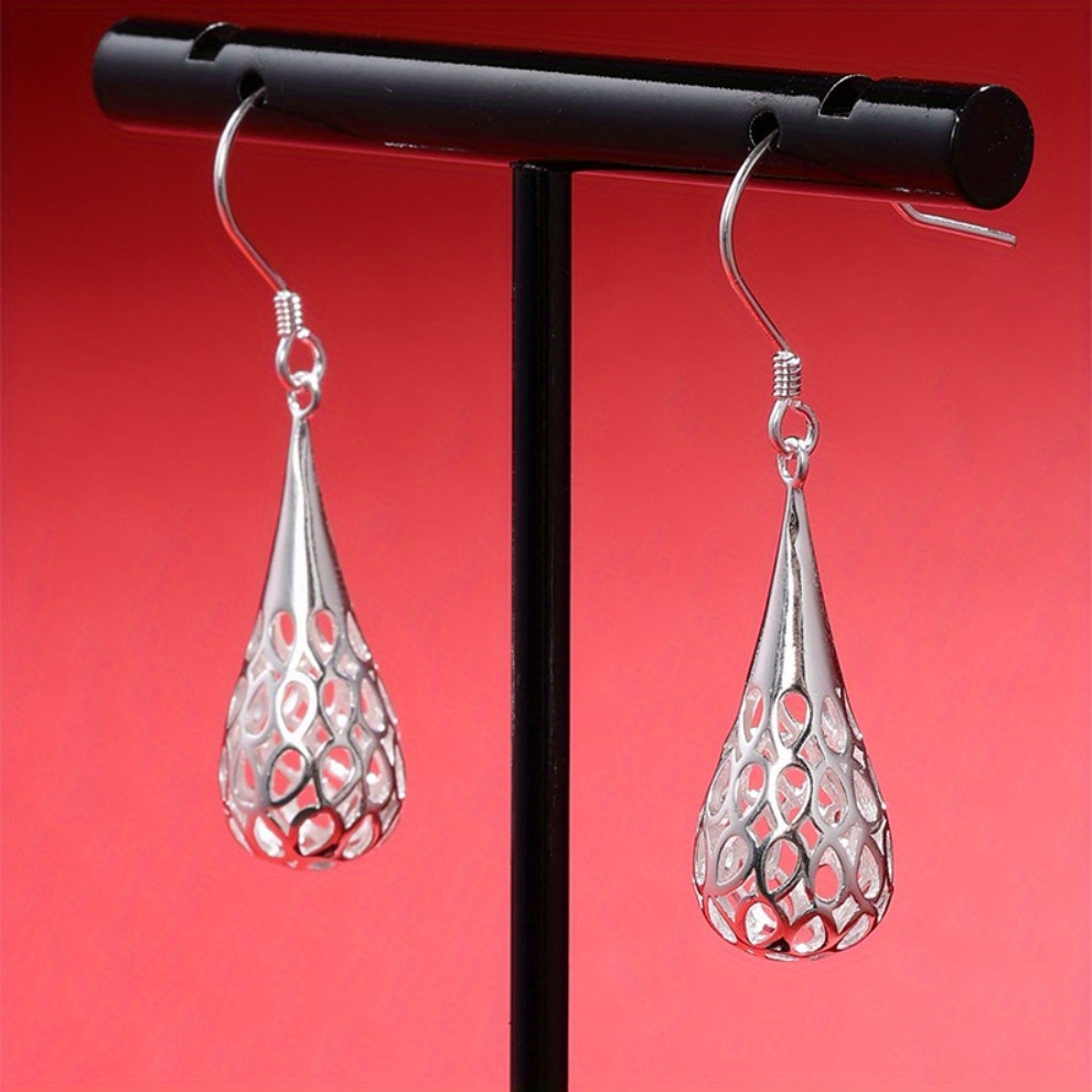 

Elegant 925 Silvery-plated Hollow Droplet Dangle Earrings - Luxurious Boho Style For Women, Perfect For Weddings & Parties