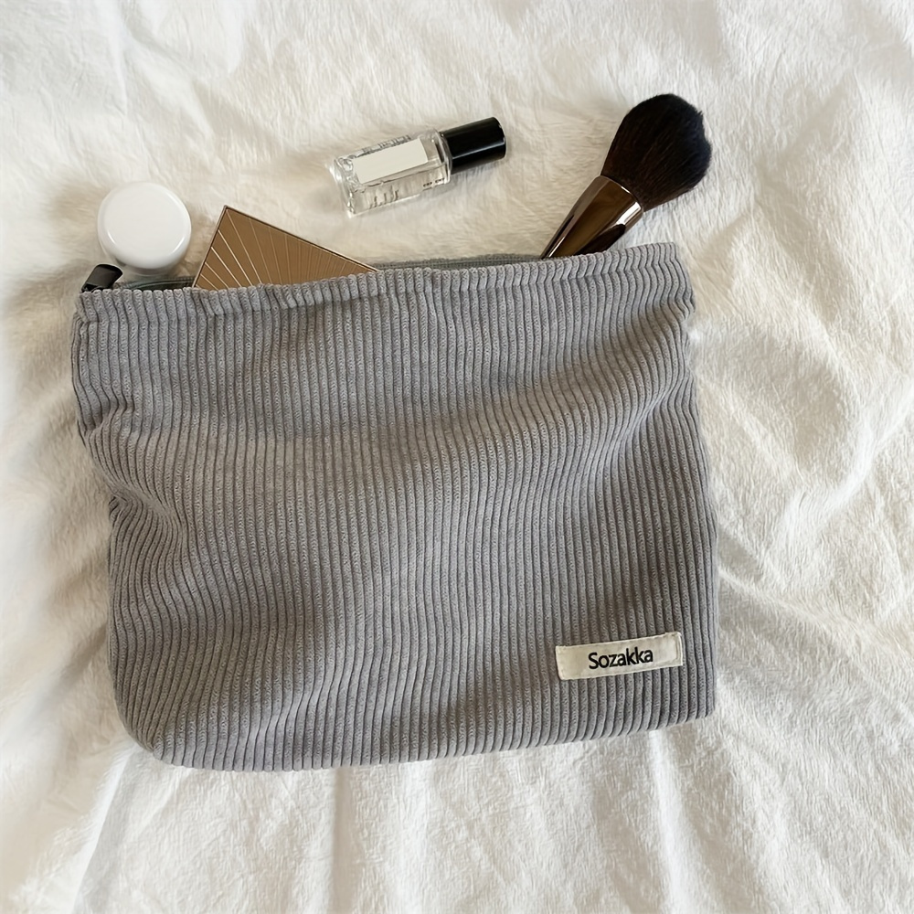 

1pc Soataka Gray Corduroy Cosmetic Bag For Women - Portable Zippered Makeup Organizer With Ribbed Texture, Ideal For Travel & Daily Use, Hand Washable, Makeup Travel Bag