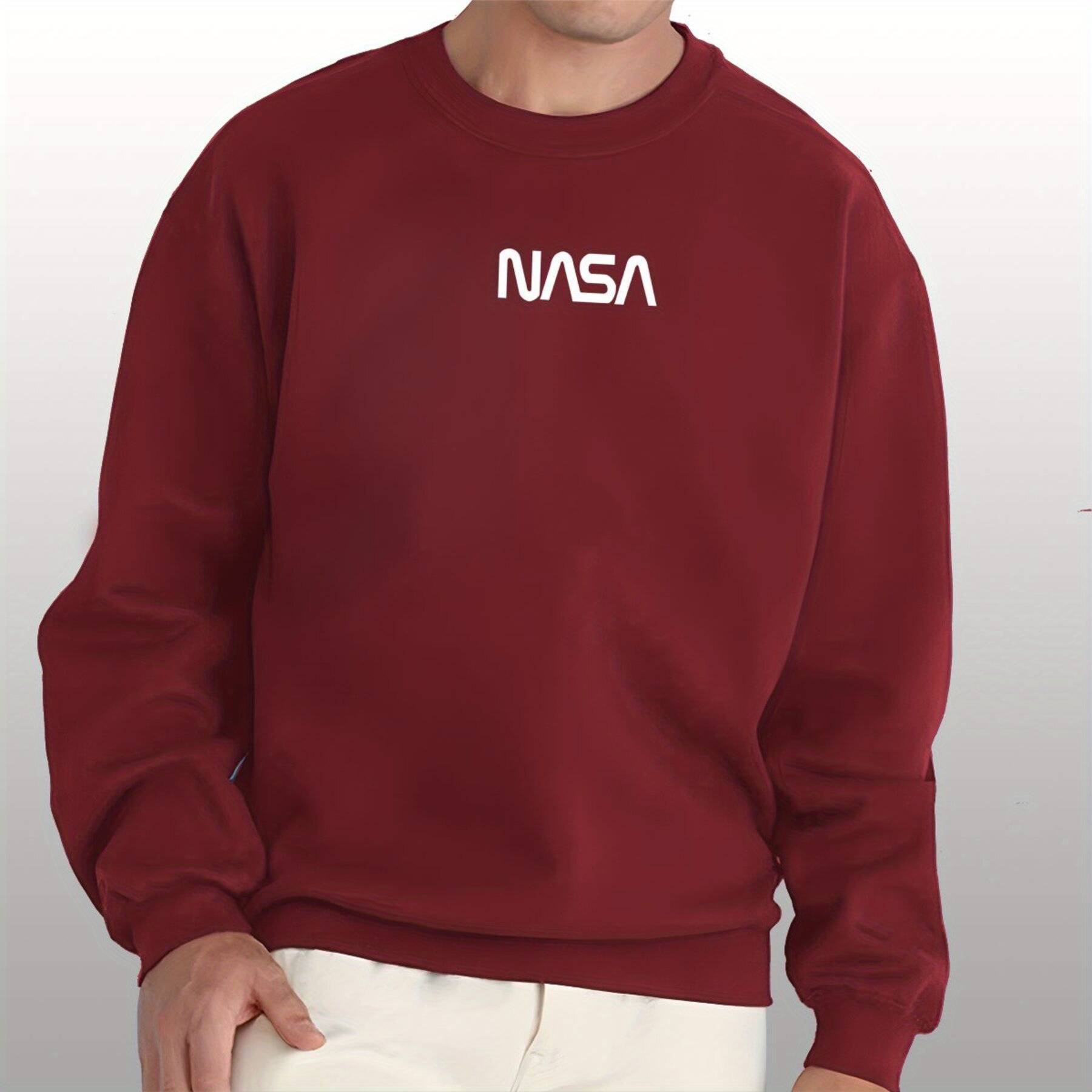 

Nasa Print Men's Stylish Round Neck Sweatshirt, Versatile Comfy Long Sleeves Top For Fall And Winter Outdoors