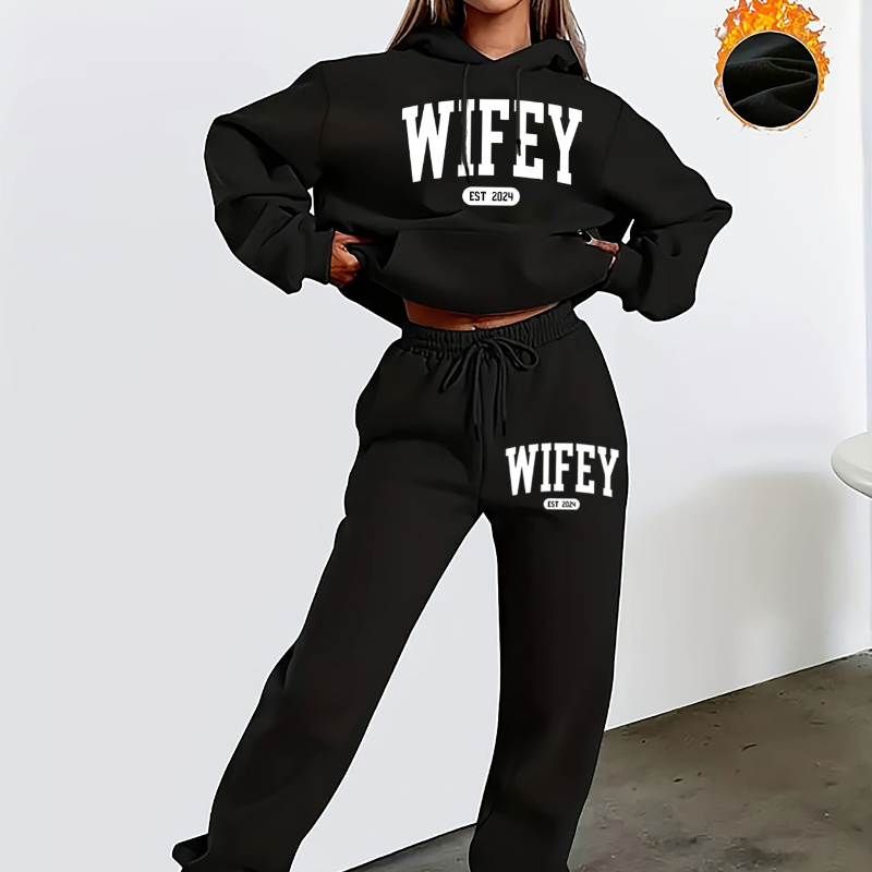 

Cozy Fleece-lined Hoodie & Joggers Set - Casual Letter Print, Drawstring Pockets For Women - Fall/winter