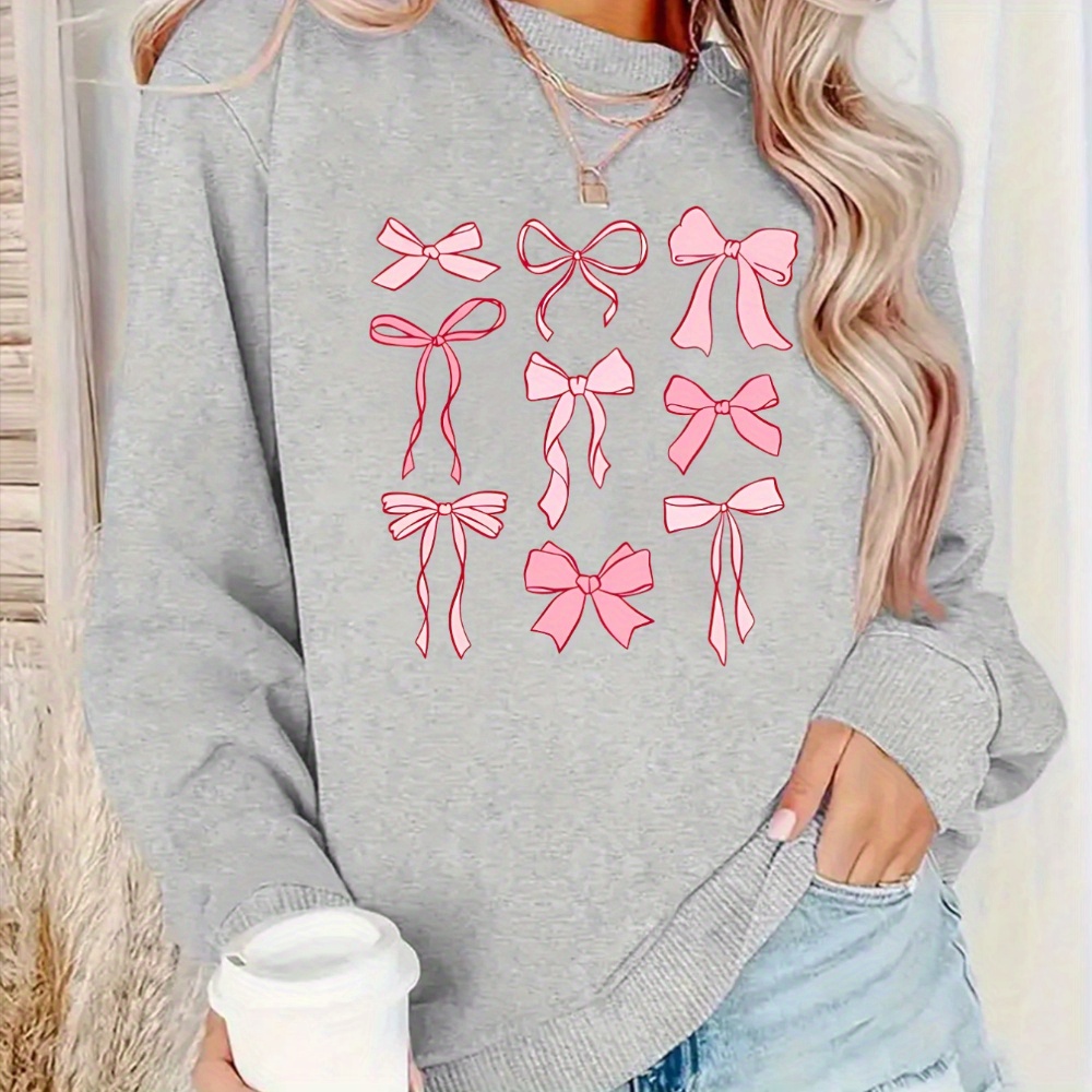 

Trendy Bowknot Print Plush Lined Sweatshirt, Long Sleeve Crew Neck Casual Sweatshirt For Fall & Winter, Women's Clothing