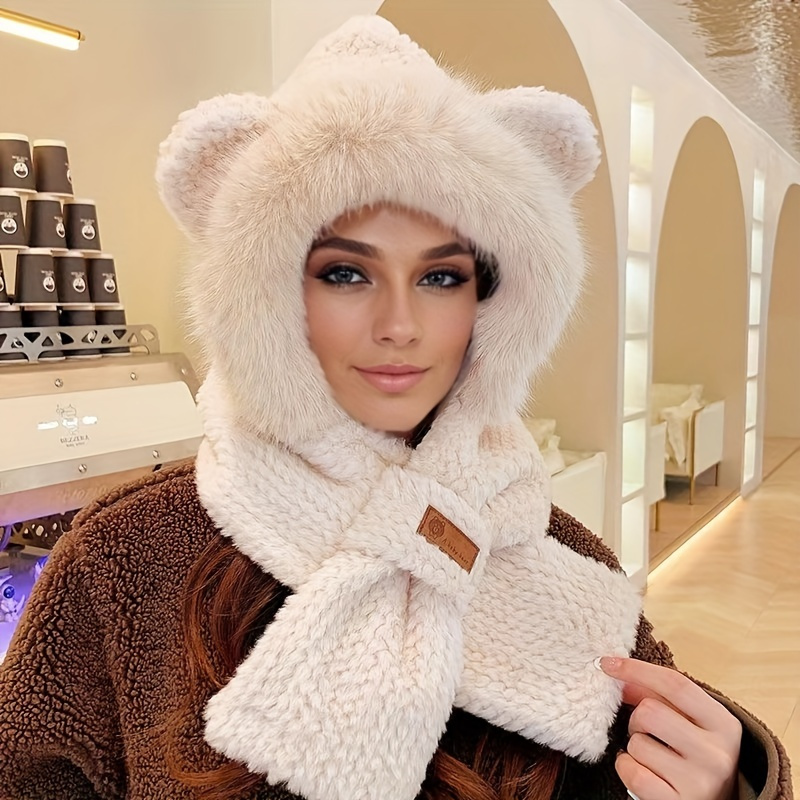 

Luxury Plush Ear-warming Scarf & Hat Combo - Cozy, Windproof Knit Winter Cap For Women With Integrated Neck Warmer