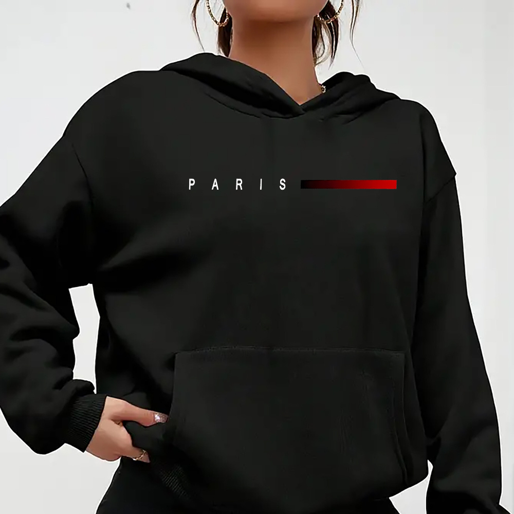 

Women's Paris Letter Graphic Print Hooded Long Sleeve Comfy Loose Fit Workout Sports Hoodie With Kangaroo Pocket