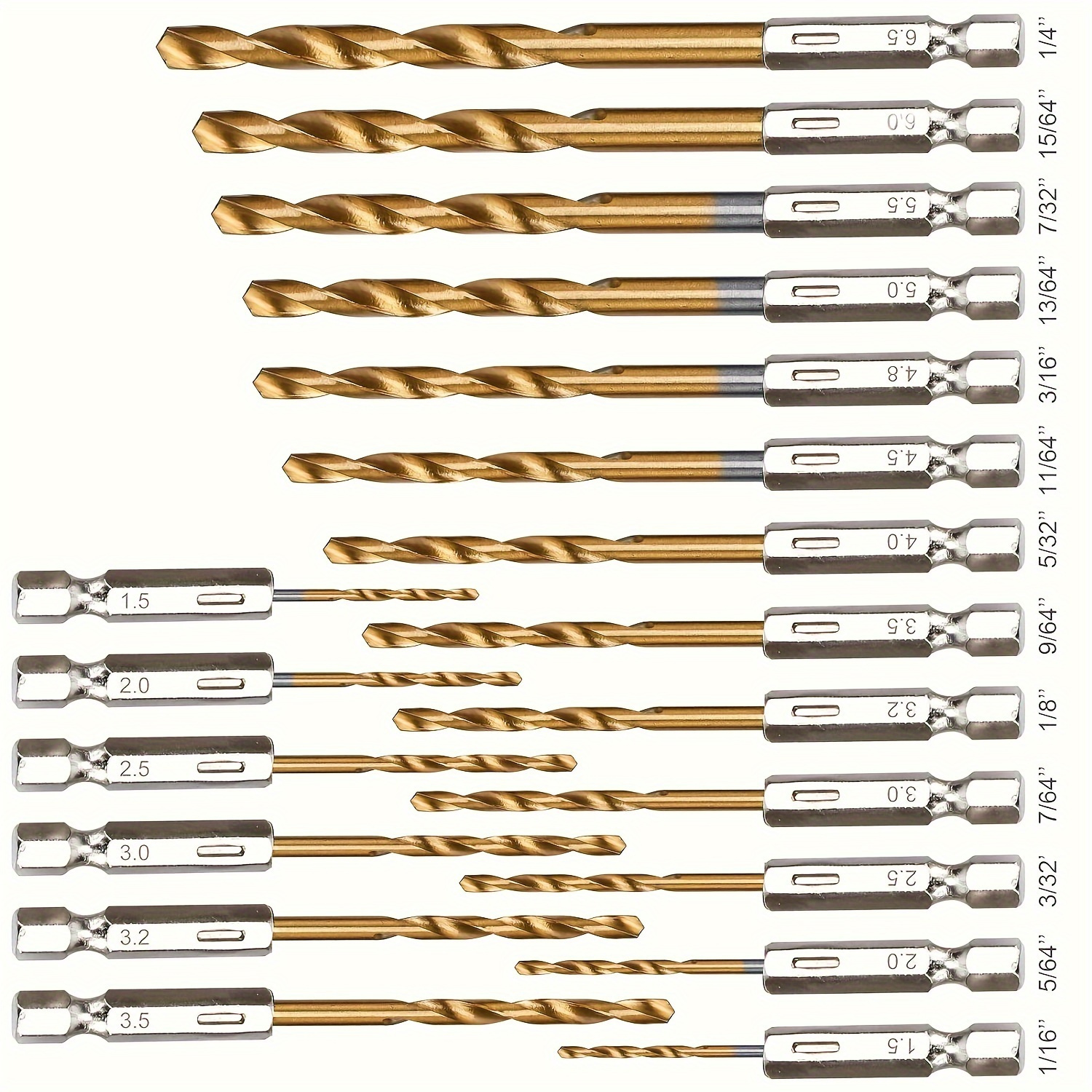 

19pcs Titanium-coated Drill Bit Set (1/16"-1/4") With Hex Shank - , 135° Tip For Wood, & Plastic