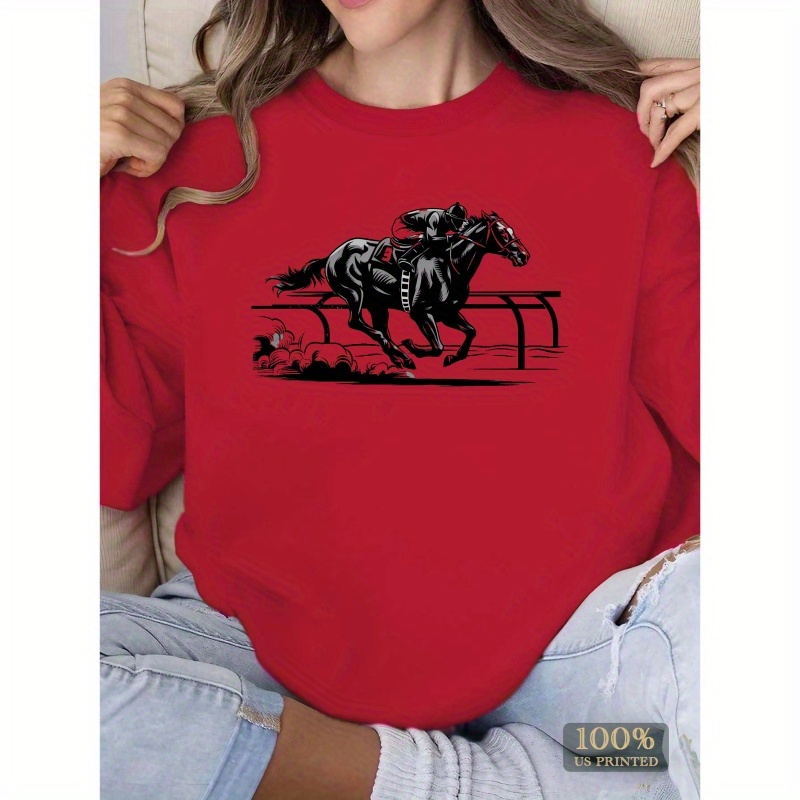 

Vintage Horse Racing Print Pullover Sweatshirt, Casual Long Sleeve Crew Neck Sweatshirt For Fall & Winter, Women's Clothing