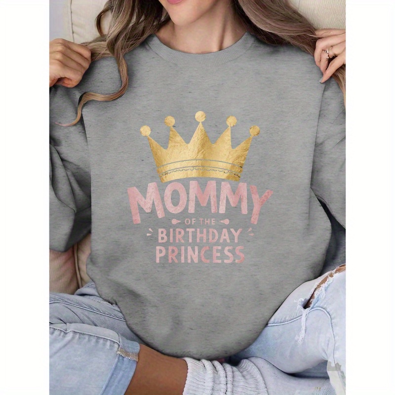 

Festive Mommy Of The Birthday Princess Sweatshirt - Geometric Crown Design, Women's Casual Hoodie, Polyester Material, Fall/winter Season