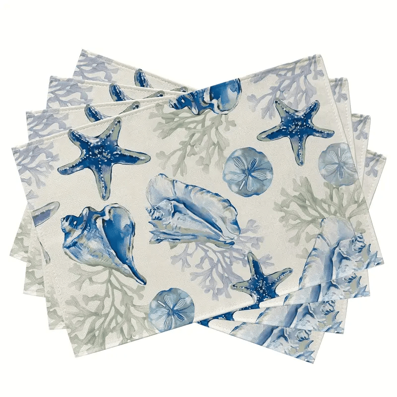 

4pcs Placemats Set - Blue Conch, Starfish & Coral Design | Spring/ Dining & Kitchen Decor | Polyester, Machine Washable