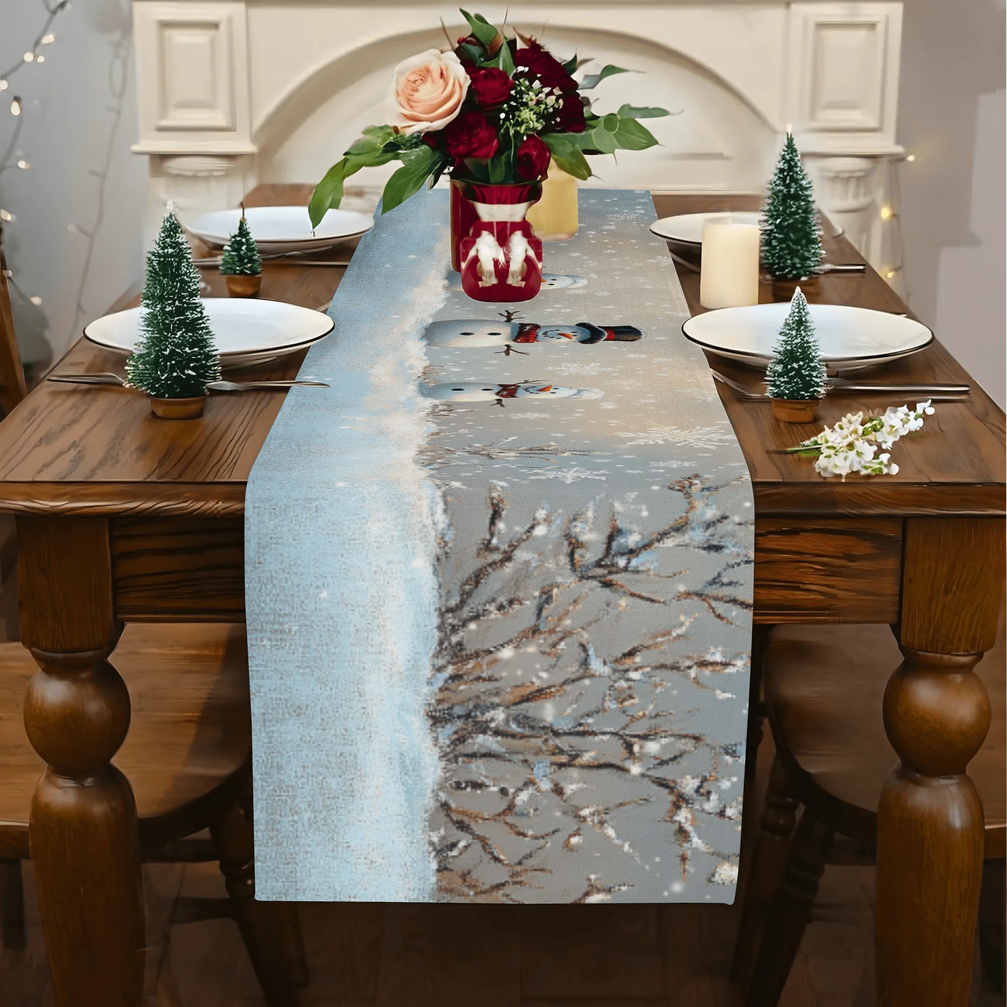 

Winter Snowman Linen Table Runner - 13x72 Inch Woven Rectangle Table Decor For Christmas, Holiday Home Party Indoor/outdoor Use