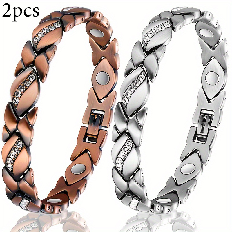 

2 Pieces Pure Copper Bracelets For Women, Women' Strong Magnetic Bracelet With 3500 Magnet, Copper Bracelet, Silver + Birthday Gift, Day Christmas Jewelry Gift, With Removal Tool