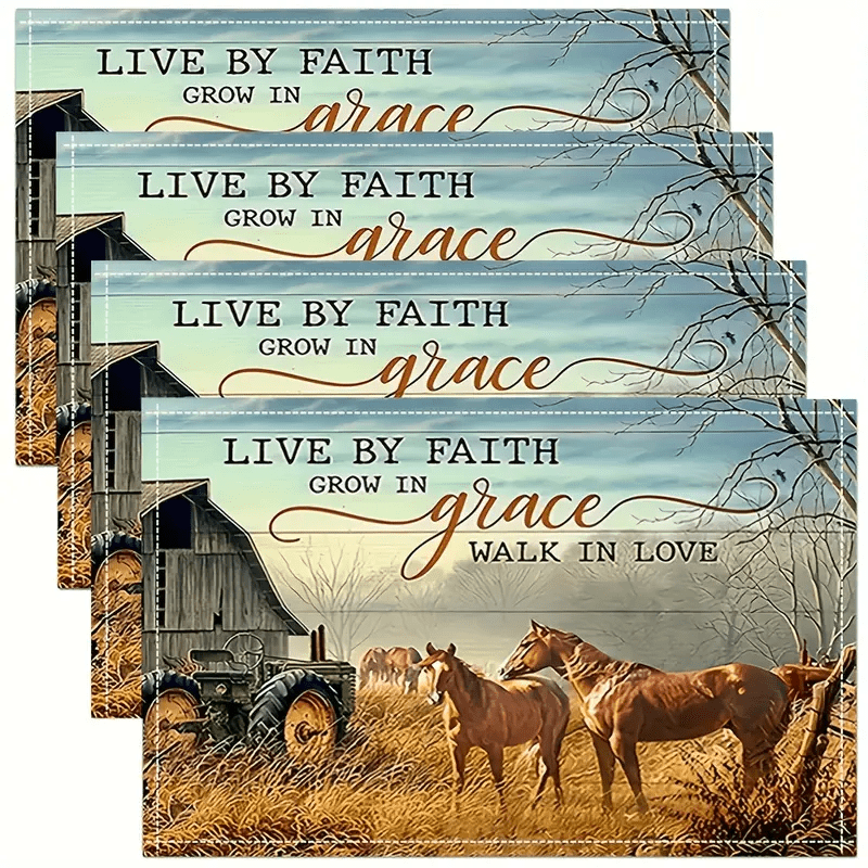 

Rustic Farmhouse Placemats Set Of 4, Woven Polyester, Inspirational Quote Barn & Horses Design, Machine Washable, Rectangular Dining Table Mats For Home Decor - "live , Grace,