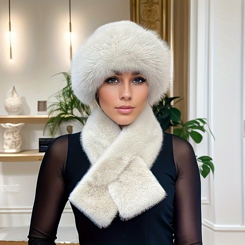 

2-piece Faux Fur Pom Beanie And Scarf Set - Thick Warm Knit Winter Ear Warmer Hat With Pull-on Closure, Solid Color Fashion Mongolian Style Cap For Fall/winter, Dry Clean Only, Perfect Christmas Gift