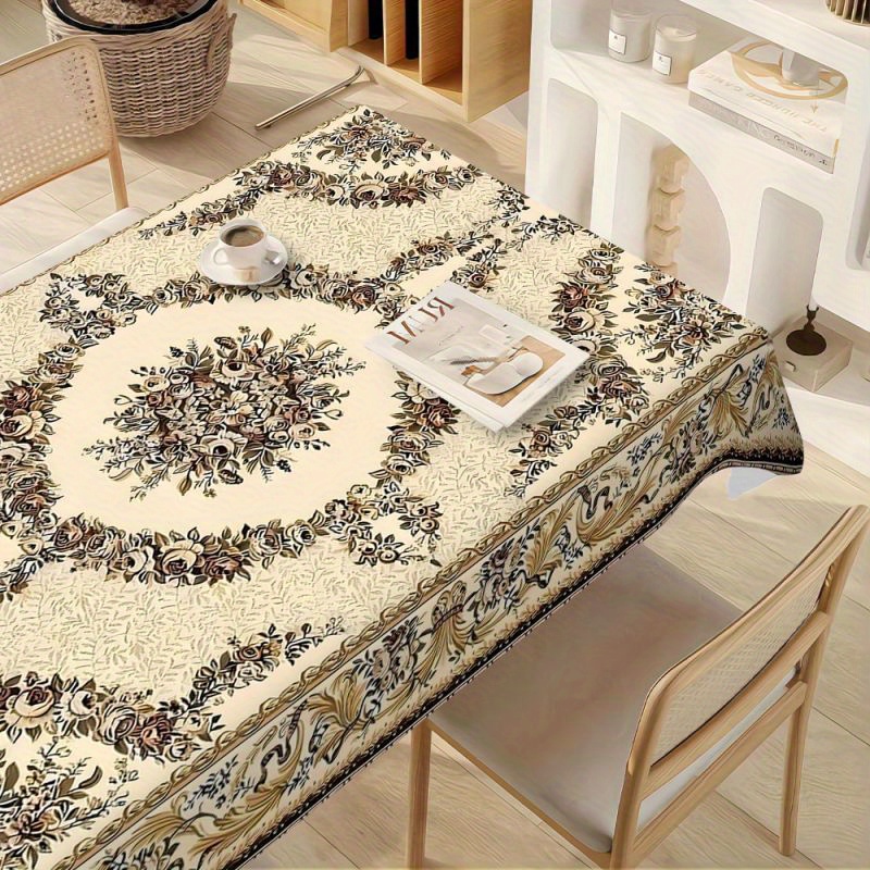 TEMU 1pc Polyester Tablecloth, European Vintage Theme Tablecloth, Floral Pattern Tablecloth, Rectangular Multicolor Printed Flower Tablecloth, Table