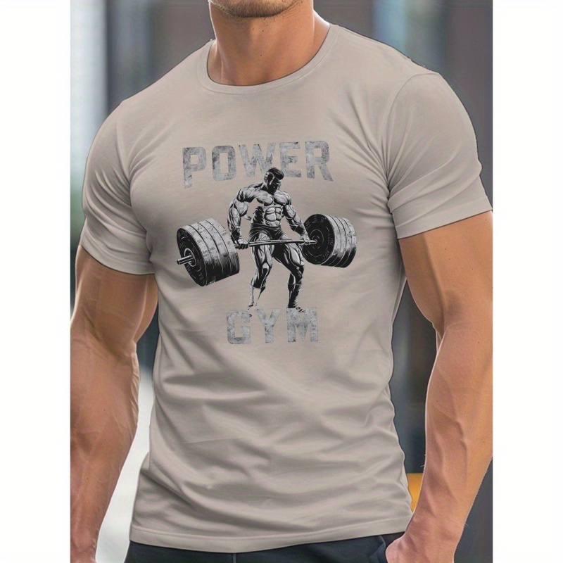 

Men's Polyester Crew Neck T-shirt With Muscular Bodybuilder Barbell Print - Geometric Pattern Casual Knit Fabric Top With Slight Stretch For Adults - Summer Wear Gym Tee