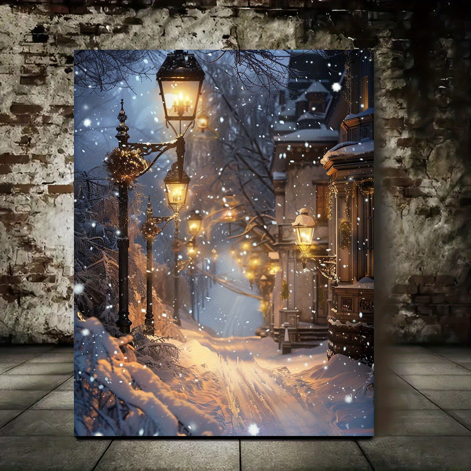 

Street Scene Canvas Wall Art, 1pc - Snowy Evening With Illuminated Lamps Print, Framed Home Decor For Living Room, Waterproof 11.8" X 15.7