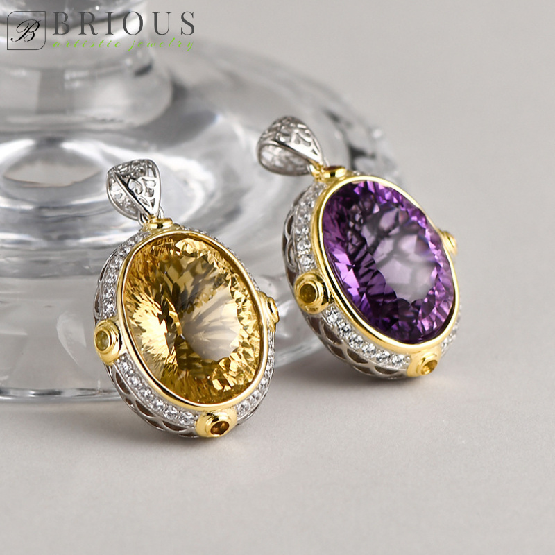 exquisite oval   crystal pendant with 15 20mm amethyst or citrine 0 8mm 18 inch collarbone chain s925 silver   elegant and   2