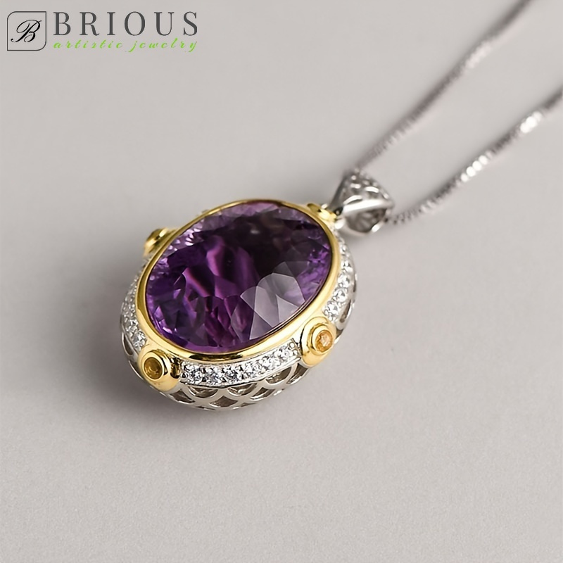 exquisite oval   crystal pendant with 15 20mm amethyst or citrine 0 8mm 18 inch collarbone chain s925 silver   elegant and   1