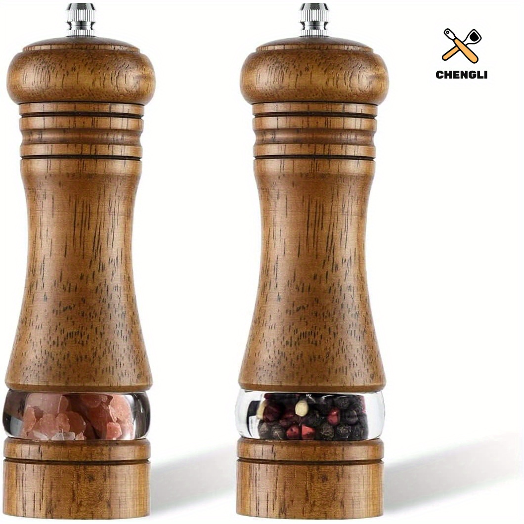 

2-piece Wooden Salt And Pepper Grinder Set, 6.5 Inch Adjustable Coarseness, Refillable Manual Pepper Mill Grinder For Home Cooking, Brown, No Power Required