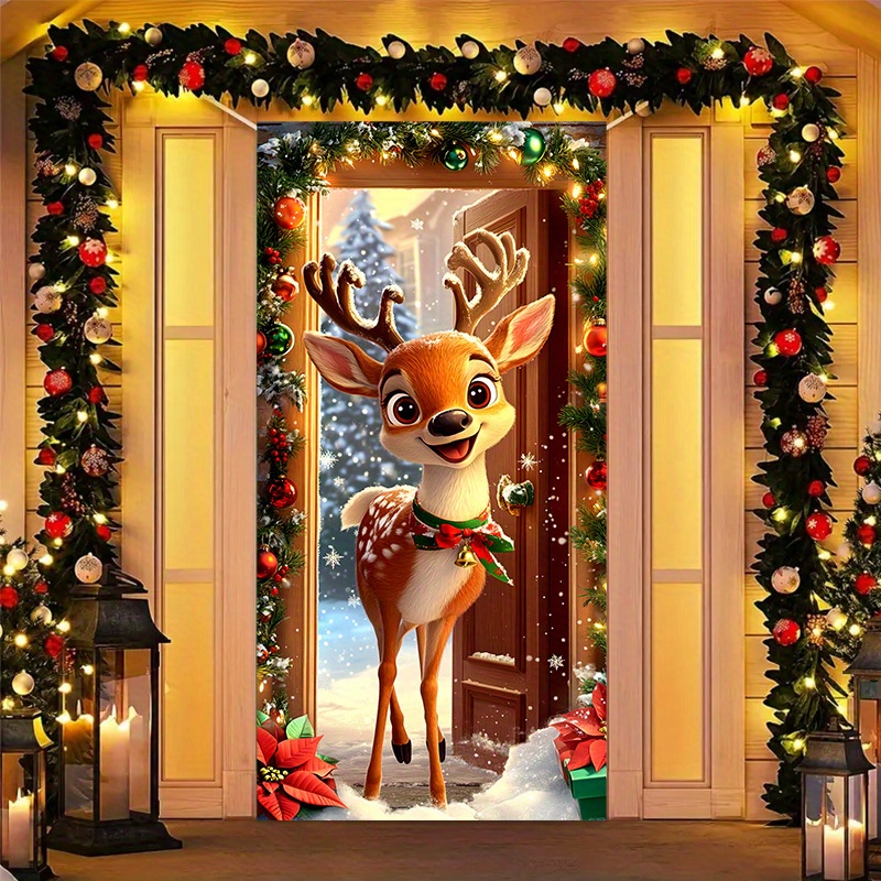 

Merry Christmas Reindeer Door Banner - 70.8"x35.4" Polyester Frame Decoration For Home & Office Entrance, Perfect For Holiday Parties