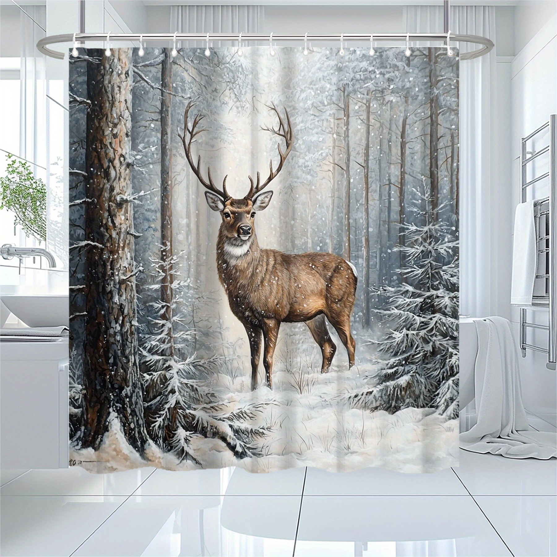 

Winter Forest Deer Shower Curtain For Teens, Water-resistant Polyester Fabric Bathroom Decor With Hooks, Machine Washable Artistic Wildlife Pattern, Woven Knit For 14 Years And Up - 71x71 Inches