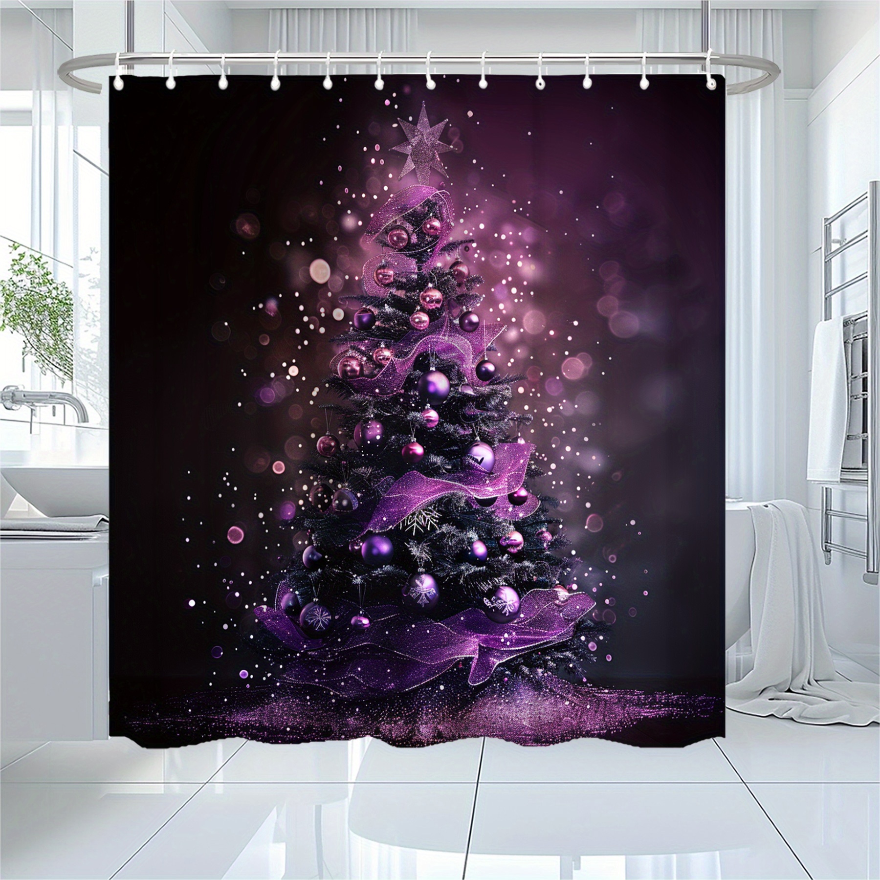 

Christmas Tree Purple Shower Curtain 71x71in, Water-resistant Polyester Fabric With Hooks, Machine Washable, Woven Knit Christmas Decor For Teens, Artistic Festive Home Bathroom Accessory