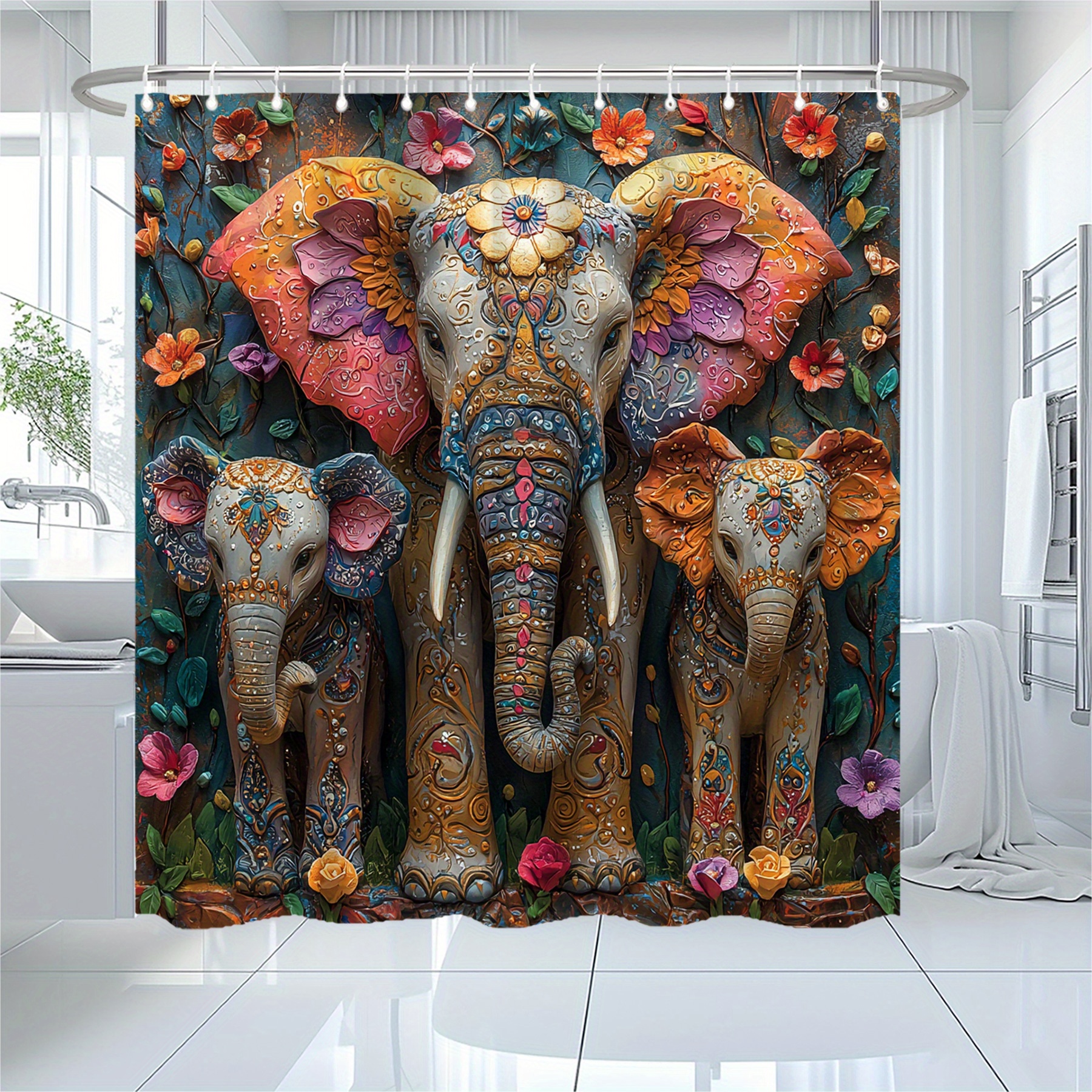 

Bohemian Pattern Elephant Shower Curtain: 71x71in, 12 Hooks, Waterproof, Machine Washable, Artistic Design, Mixed Colors