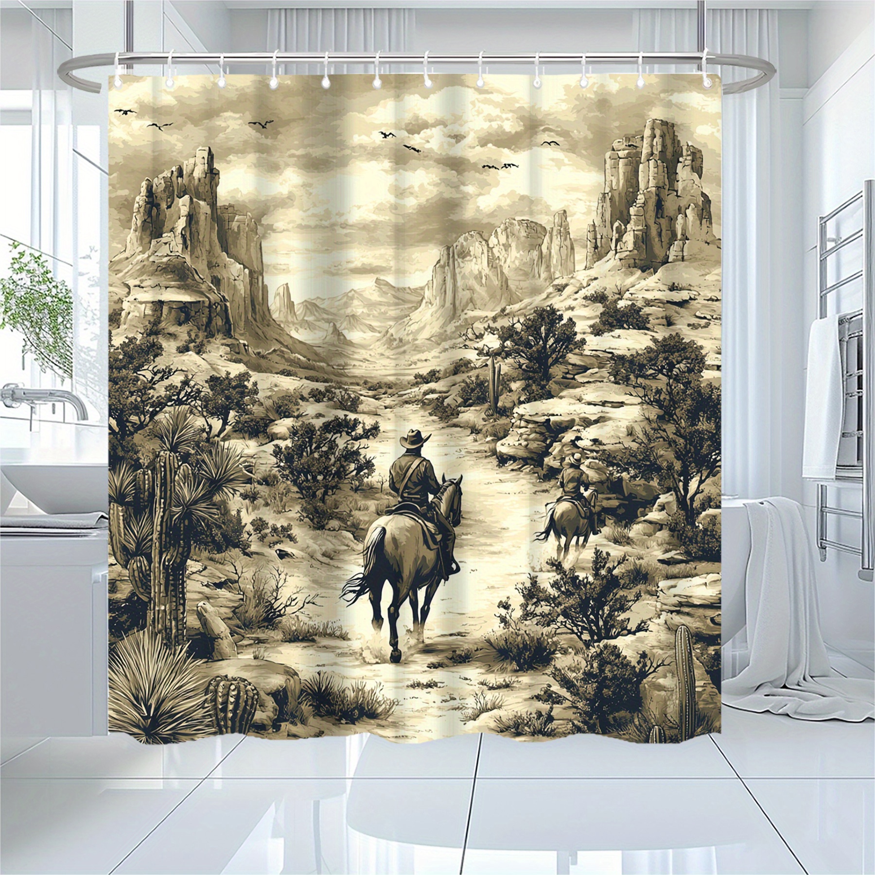 

1pc Western Cowboy Pattern Shower Curtain, Curtain, Home Decoration For Autumn And Winter, Washable, 71x71in, With 12 Hooks, Stylish Bathroom Decoration For Christmas And Halloween