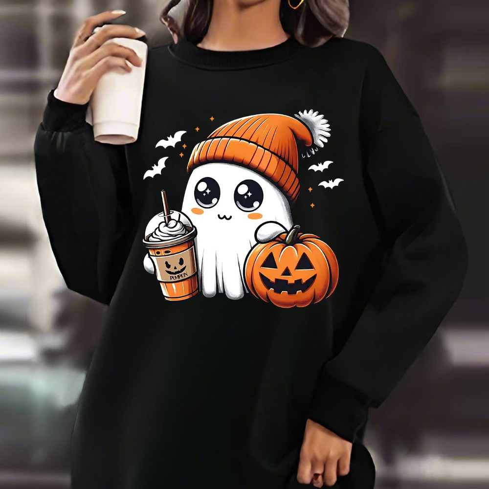 

Plus Size Casual Knit Sweatshirt Dress With Christmas Pumpkin Print - Long Sleeve, Crew Neck, Polyester Fleece-lined, Slight Stretch, Fall/winter Season