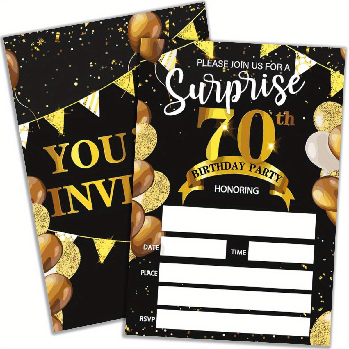 

20pcs Elegant 70th Birthday Party Invitation Cards With Envelopes - "surprise" Golden & Black Theme, Cartoon Design For Adults, Includes Space For Customizable